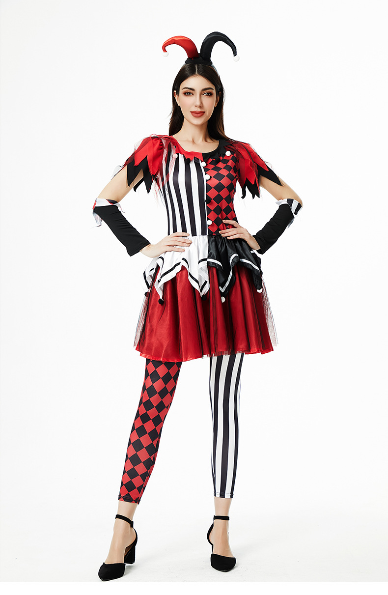 Adult Halloween Outfit Harlequin Jester Costume Red and Black Striped Dress